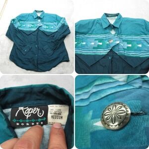 Vintage‎ Roper Shirt Mens Medium Teal Southwest Aztec Native Pads 80s USA RARE